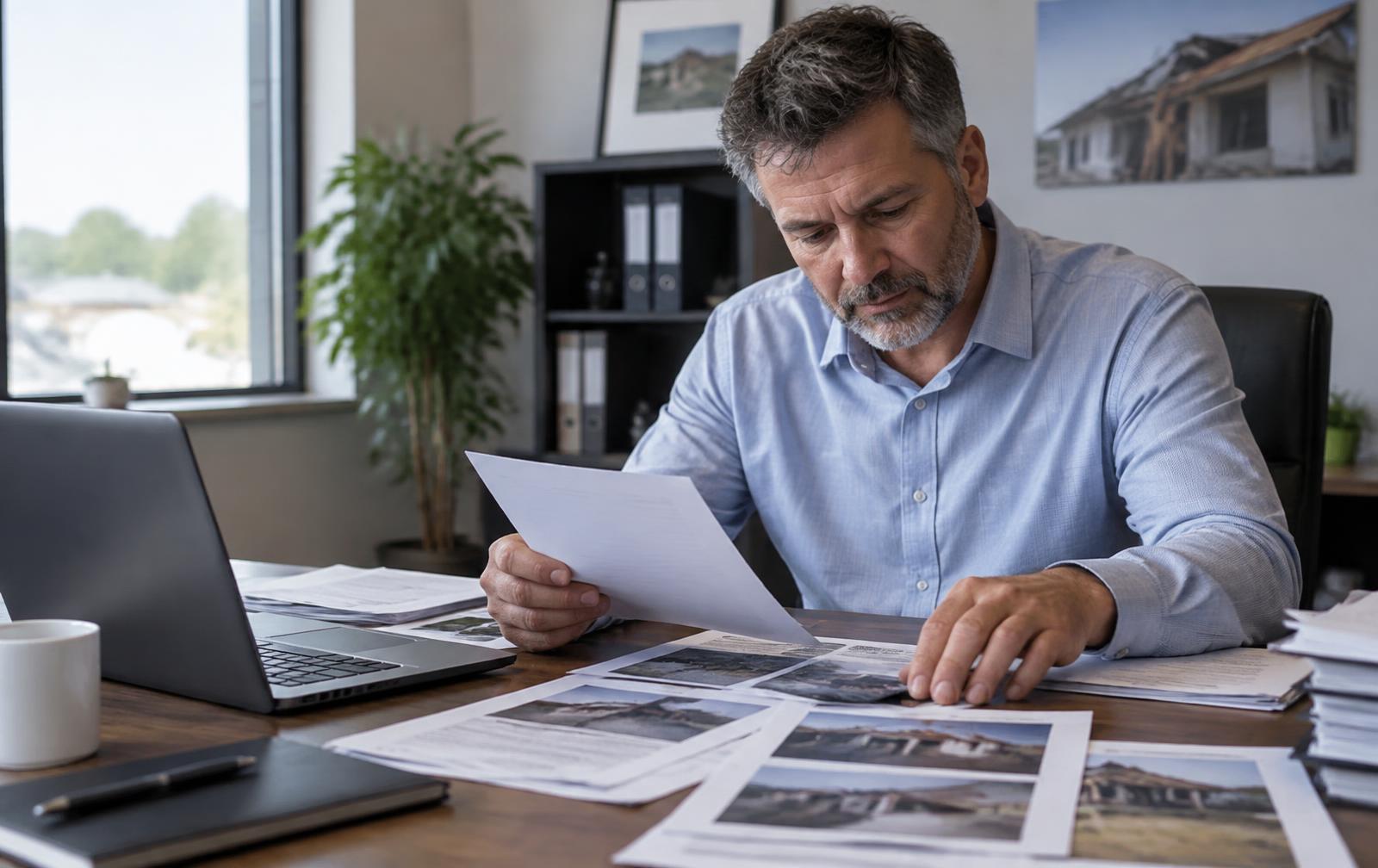 Claims professional reviewing printed claim documents and photos at an office desk