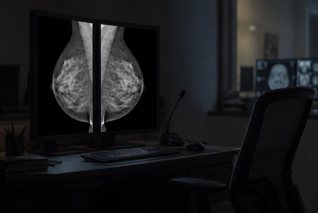 Dim radiology reading room with two diagnostic monitors showing grayscale mammography views