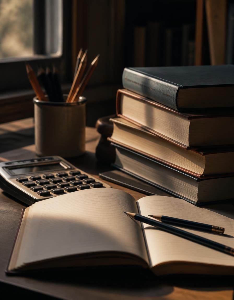 Open notebook, pencils, calculator and stacked books on a wooden desk