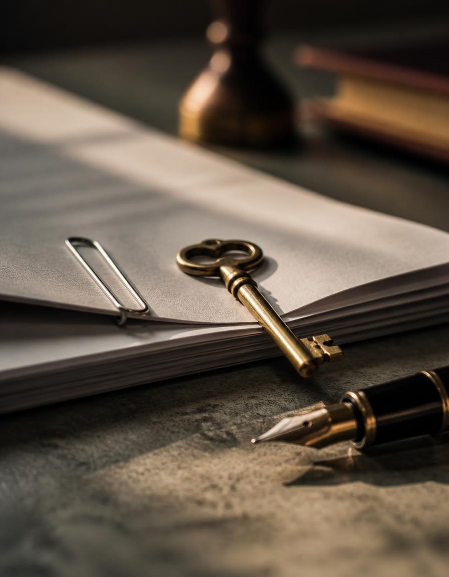 Signed document with a fountain pen and a brass key on a desk