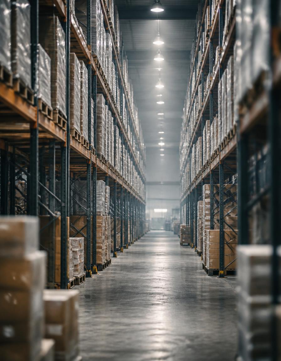 Long warehouse aisle lined with stocked pallet racks